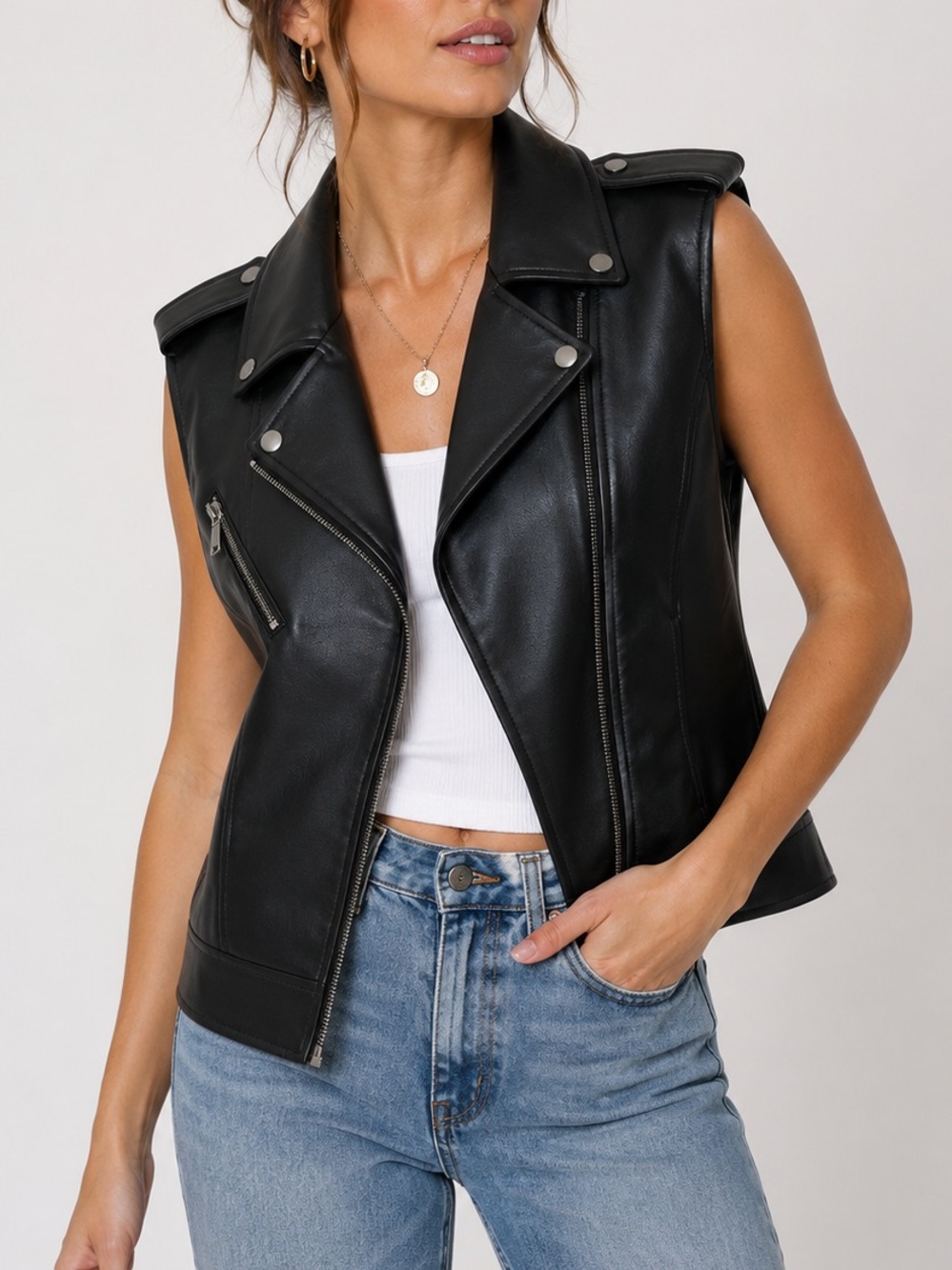 Black Faux Leather Moto Vest Evereve XS Biker Motorcycle Zip